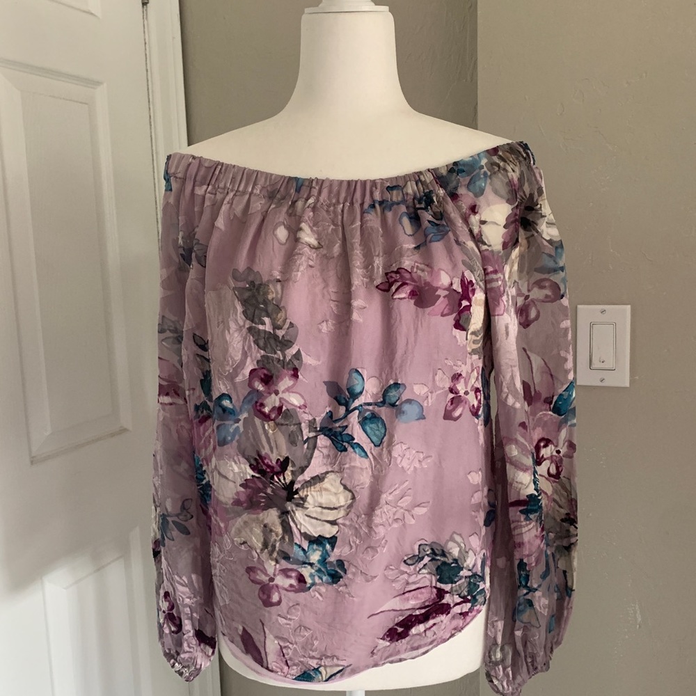 purple flower printed off the shoulder blouse